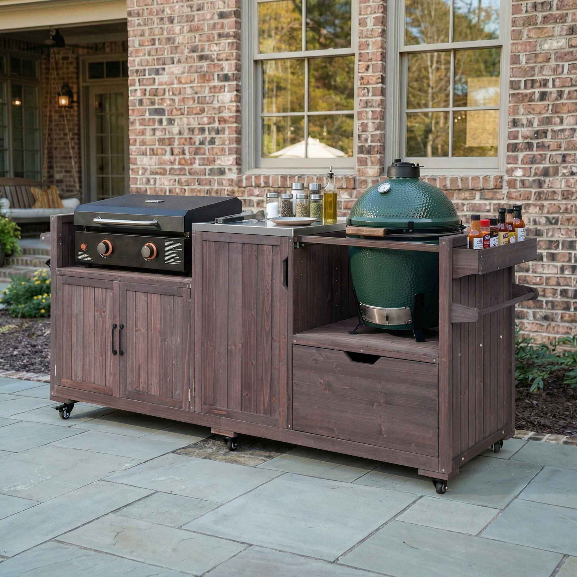 AENKYO 80.5" Outdoor Kitchen Island for Big Green Egg & Blackstone, Wood Grill Cart with Stainless Steel Top, Dark Brown