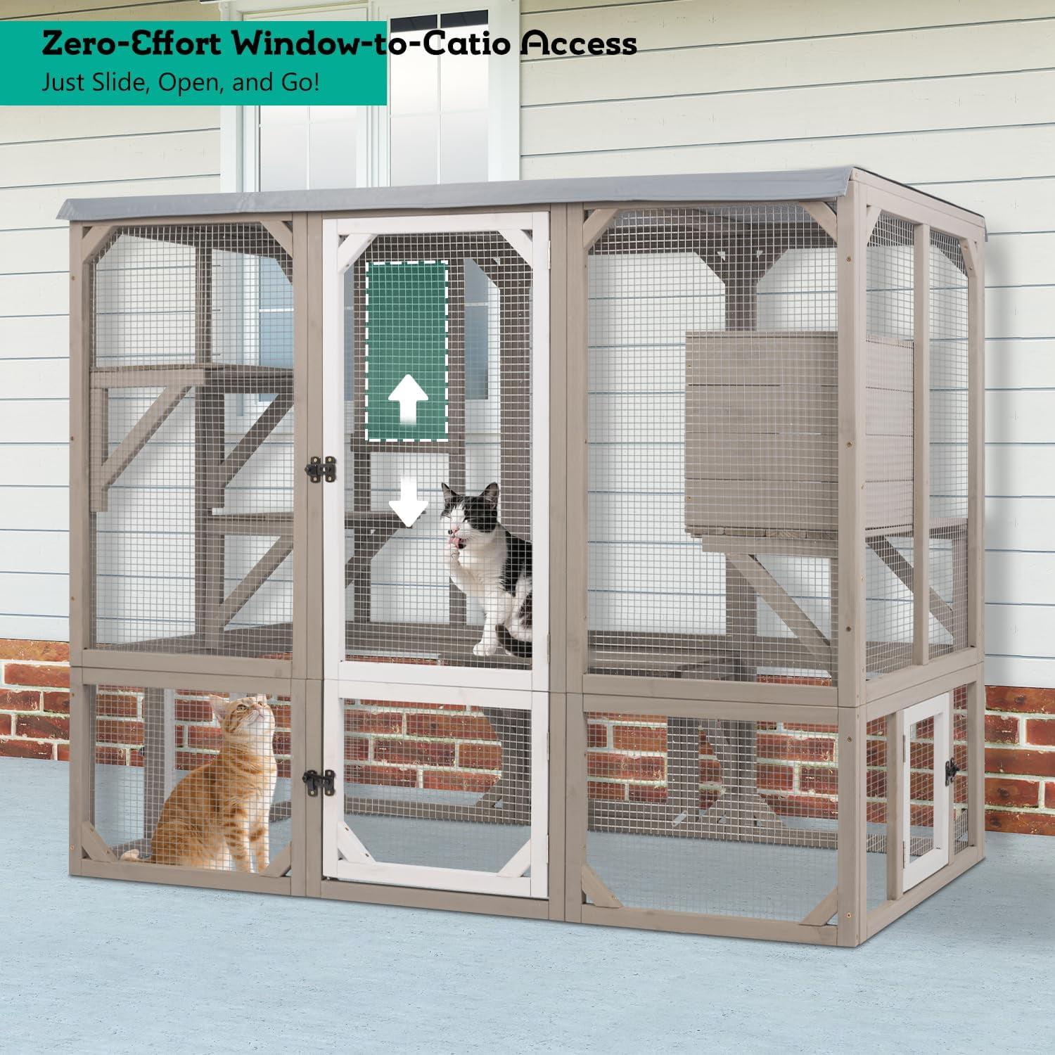 PETSCOSSET Large Catio Outdoor Cat Enclosure Window Access, Wooden Kitty Cage with Resting Room &3Platforms, Attached to Window