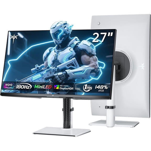 Restored KTC Mini LED Monitor 27 Inch | Gaming Monitor | 2K@180Hz QHD (2560x1440P) | VESA Display HDR1400 | 1ms | FreeSync/G-Sync | 148% sRGB HDMIx2, DPx1 Vertical and Wall Mounting Support White (Refurbished)