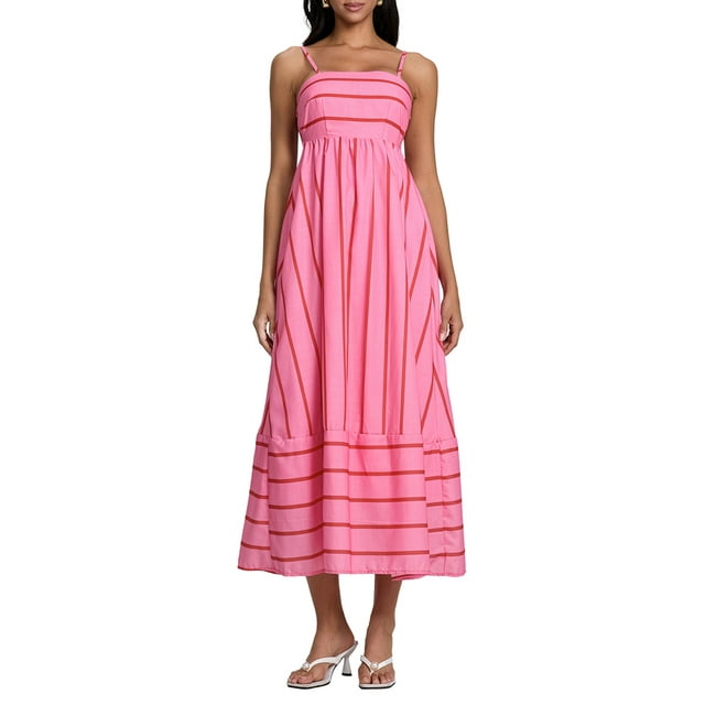 Gupgi Robe Sans Manches à Rayures pour Femmes, Robe Midi Évasée, Bretelles Spaghetti, Découpe au Dos, Fluide, Longue Robe d'Été