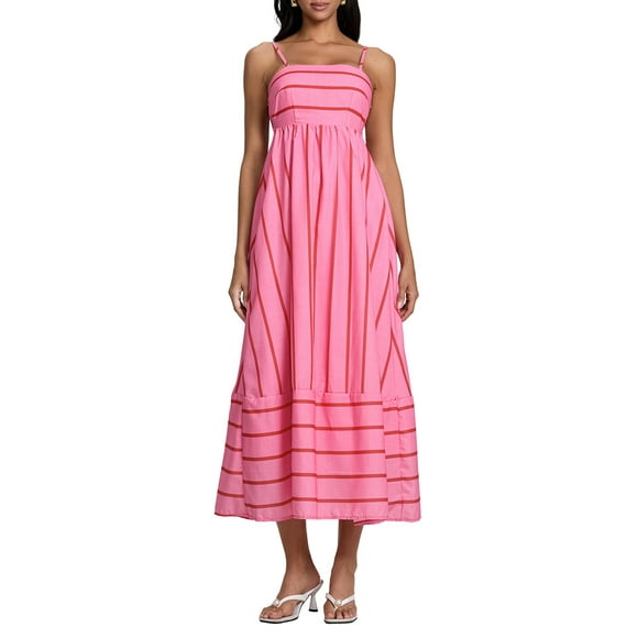 Gupgi Women Striped Sleeveless Dress Swing Midi Dresses Spaghetti Strap Back Cutout Flowy Long Sundress