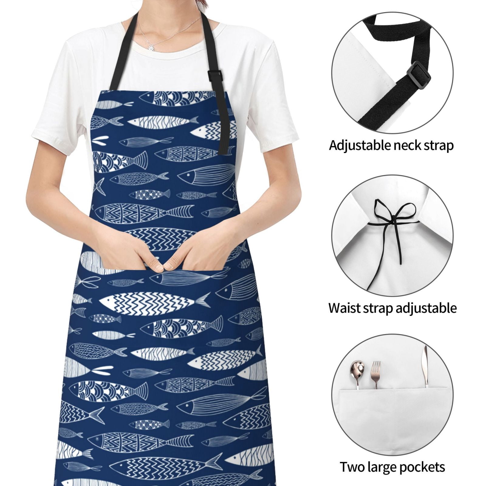 Kdxio Ornamental Fish Apron with Pockets Adjustable Kitchen Aprons for Men Women Waterproof Aprons for Cooking,Drawing,Crafting, Baking Household Cleaning