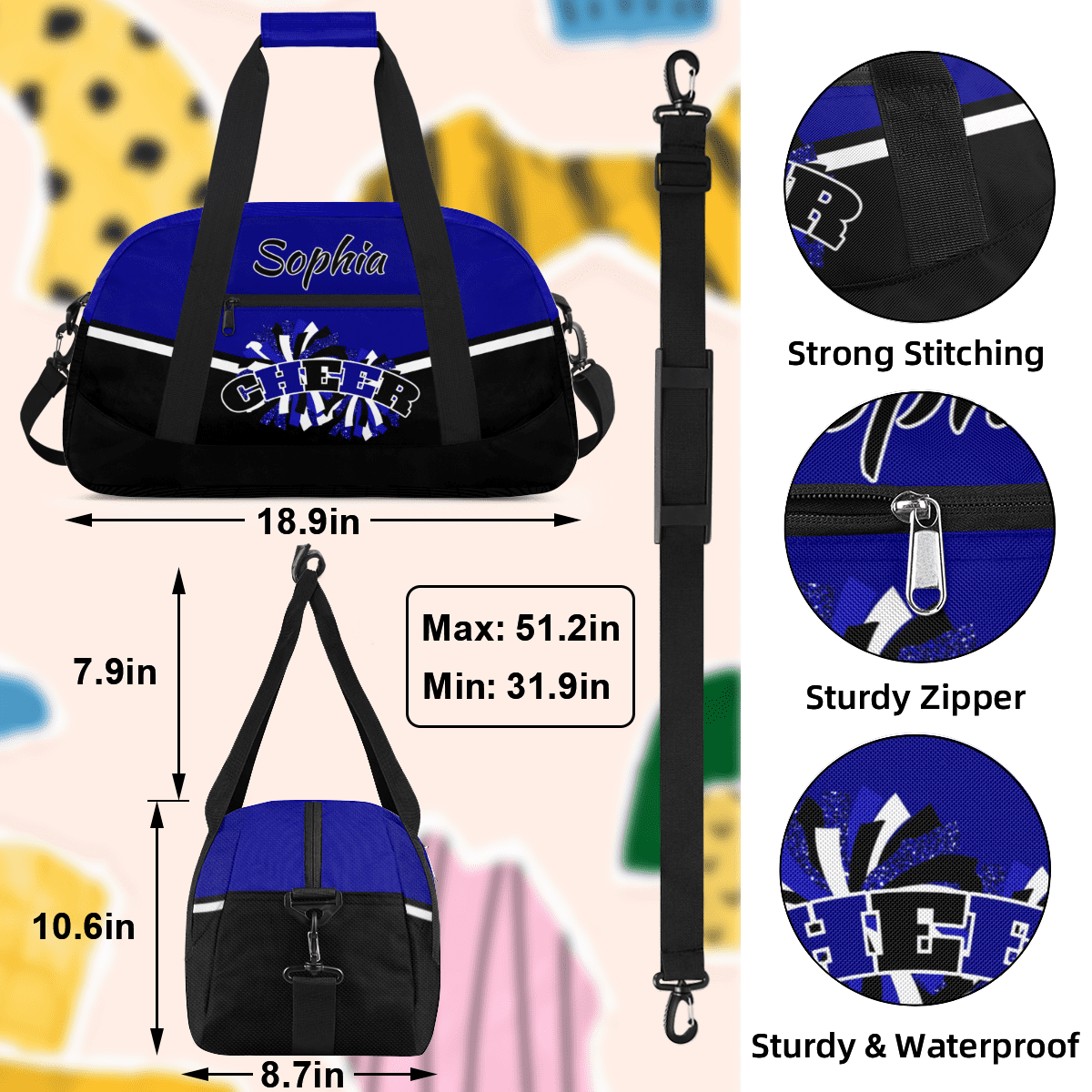 Jiaoprinted Personalized Cheer Bag, Custom Sport Duffel Bag with Name, Customized Cheerleader Dance Bag, Sport Gym Bag Overnight Weekender Bags, Blue