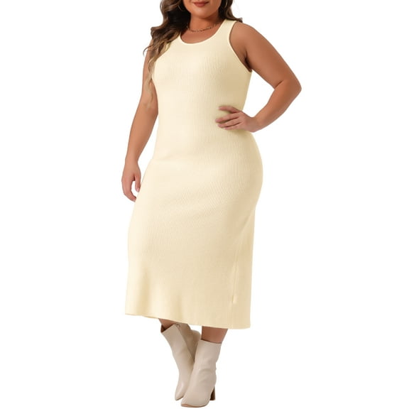 DARING DIVA Plus Size Sweater Crew Neck Sleeveless Midi Tank Dress 1X Beige