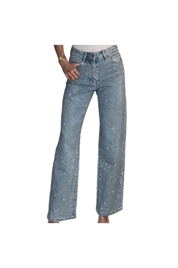 Womens Rhinestone Jeans High Waisted Y2k Straight Denim Pants Sparkly Glitter Baggy Wide Leg Trousers,Blue S