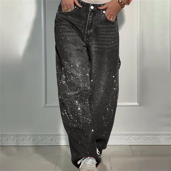 Women's High Waisted Baggy Jeans, Rhinestone Straight Leg Denim Pants, Loose Fit Casual Jeans for Streetwear, Daily Outfits and Fashion Grey L