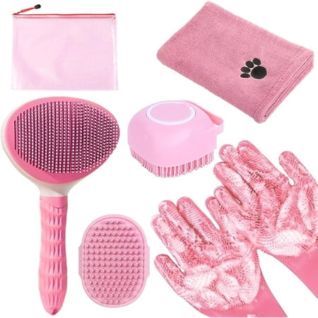Bath Grooming Kit for Pets - Hair Brush Set with Towel Washing Gloves and Shampoo Scrubber Brush for Dogs and Cats (Pink)