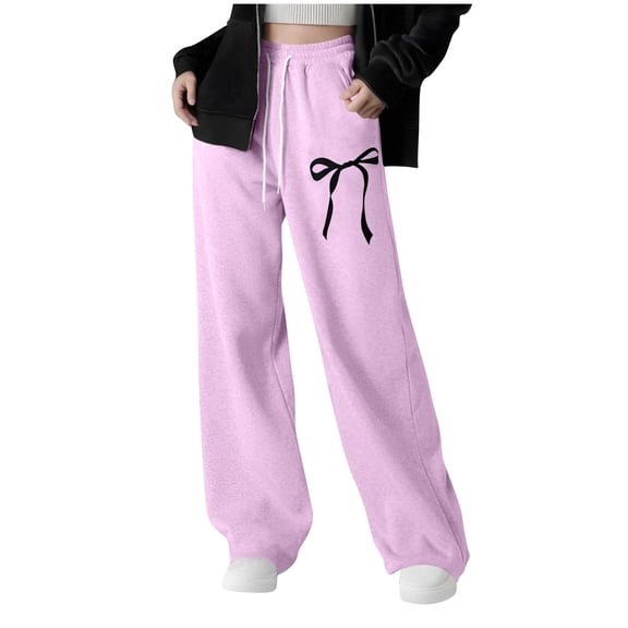 OGLCCG Girl's Baggy Sweatpants Lightweight Bowknot Printed Straight Leg Athletic Pants with Pockets Casual Loose Fit Lounge Pants 5-15 Years