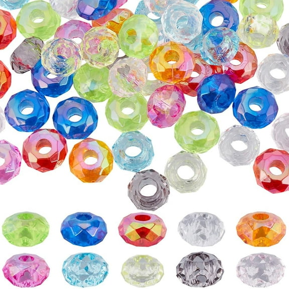 1 bag 100pcs 10 colors Round Faceted Bead Transparent Large Hole Beads Bulk Colorful Acrylic European Rondelle Loose Spacer Bead for Bracelets Jewelry Making Necklace DIY Crafts Supplies