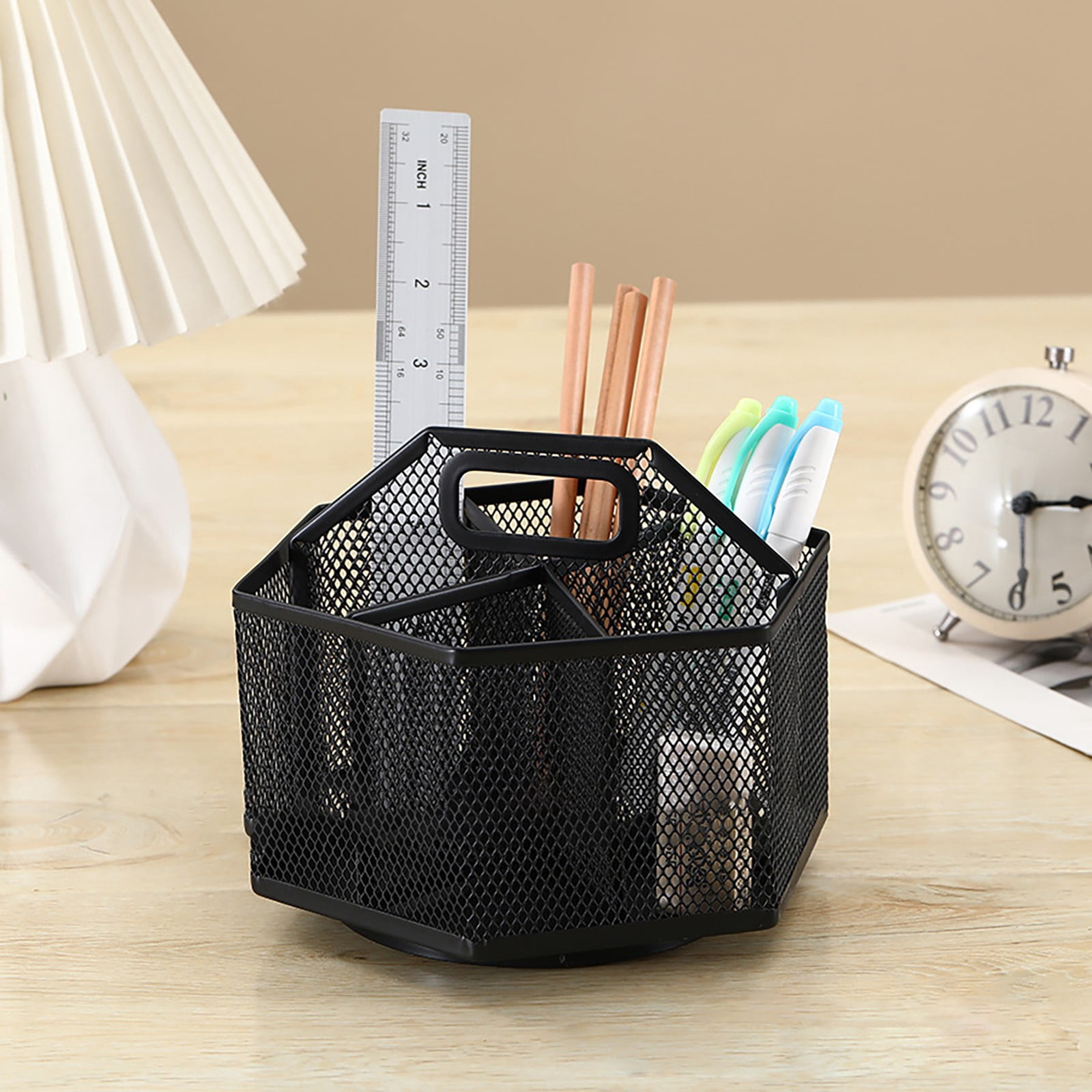Pencil Holder with Handle, Rotating Desk Organizer, Mesh Desk Organizer Rotate with 6 Compartments – Metal Pen Organizer, Office Desk Accessories, 1 Pcs, 7.09x5.51"(Black)