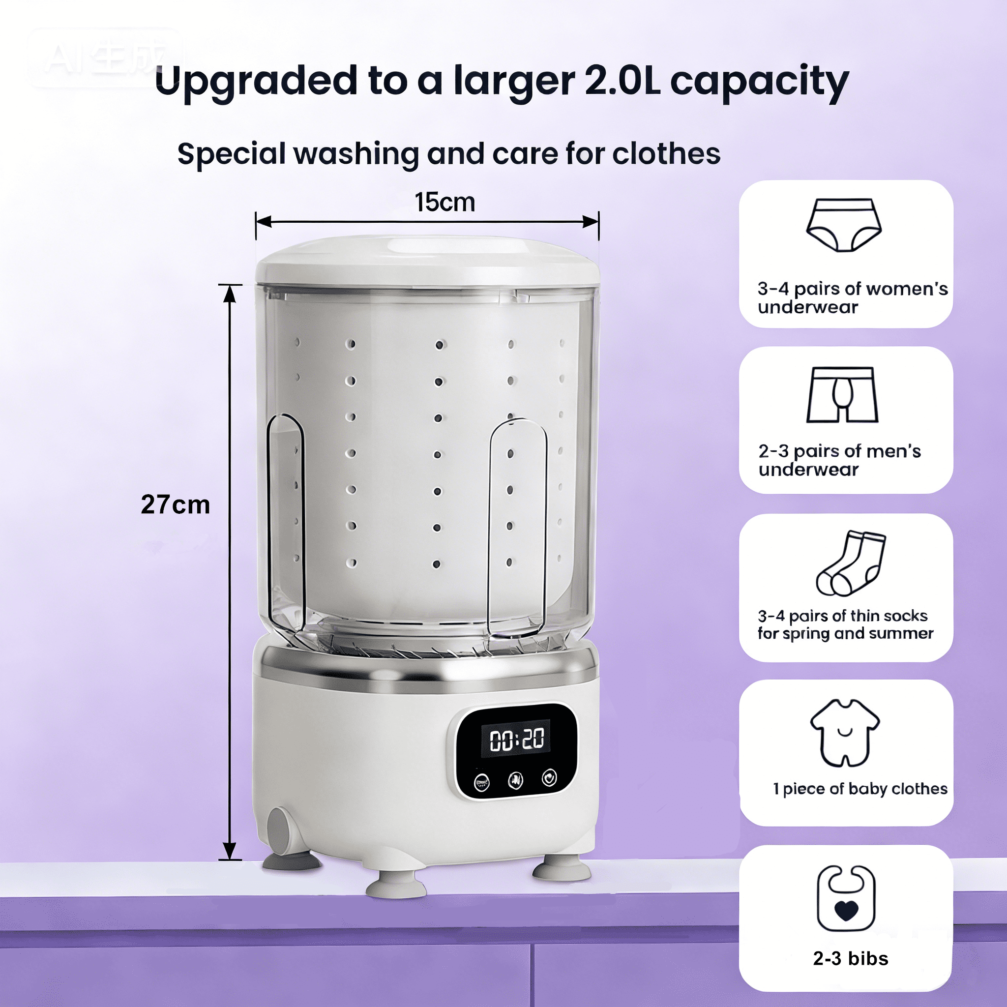 Mini Washing Machine 2L Portable Washer and Dryer for Travel and Dormitory Cordless Underwear and Socks Washing and Drying