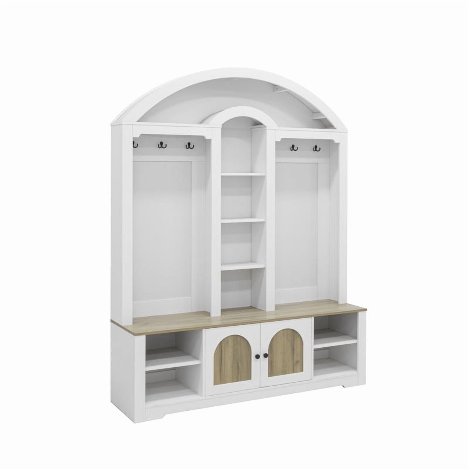 Farmhouse Hall Tree with APP Controlled LED Lights, Mudroom Bench with Shoe Cubbies and Cabinet, Entryway Coat Rack with 6 Hooks for Living Room, Hallway