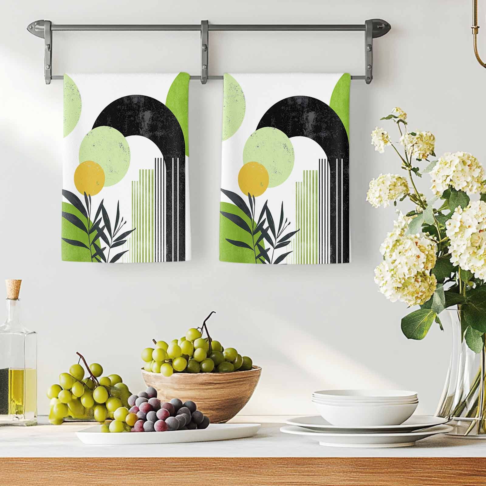 Dish Towels, Green Boho Absorbent Kitchen Towels 2 PCS, Geometric Line Leaves Microfiber Hand Towels Dish Cloths Tea Towels for Home&nbsp;Bathroom Cleaning Drying,18X28-Inch,