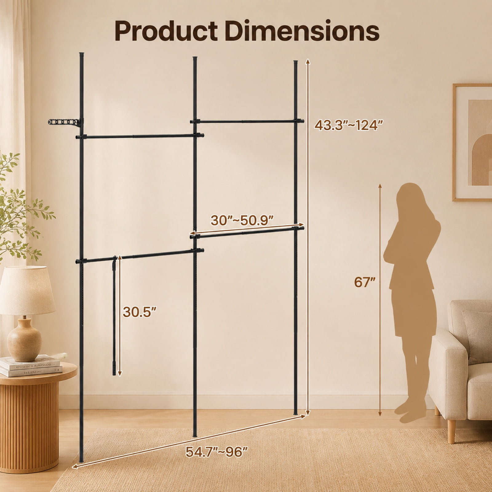 Furnibear Adjustable Floor to Ceiling Clothes Rack with 4 Hanging Rods Telescoping Double Garment Organizer for Bedroom Closet Shop, Black