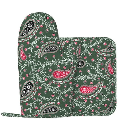 

Oven Mitts and Pot Holders Sets - Paisley Pattern No.9091 Heat Resistant Silicone Oven Gloves (Left Glove) with Non-Slip Silicone Surface and hot pads for kitchen Baking Cooking