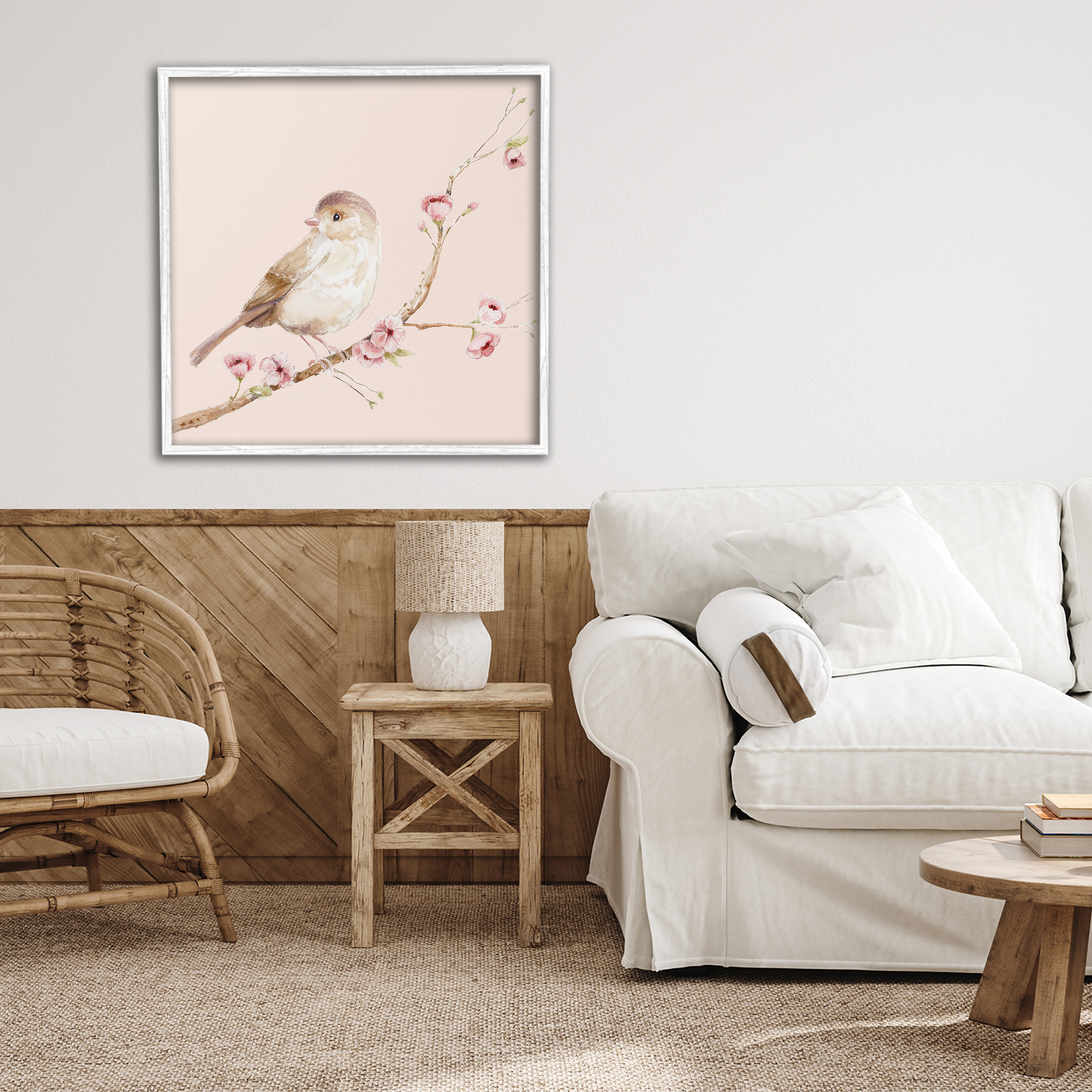 Sweet Brown Bird Perched White Framed Giclee Art, design by Lisa Wehmeyer