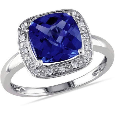Tangelo 3-1/4 Carat T.G.W. Cushion-Cut Created Blue Sapphire and 1/10 Carat T.W. Diamond 10kt White Gold Halo Cocktail Ring