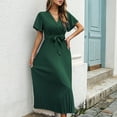 thumbnail image 2 of Fesfesfes Pleated Chiffon Dress for Women V Neck Short Sleeve Evening Gowns Loose Casual Waist Lace Up Long Dress Semi Formal Wedding Guest Dress, 2 of 9