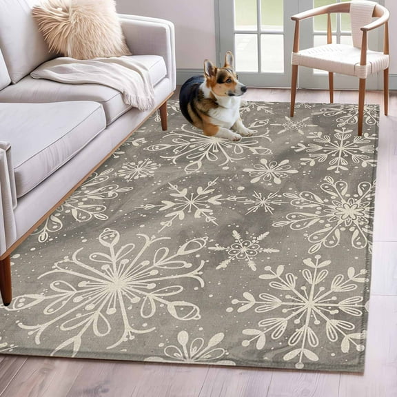 Grey Christmas Area Rug 4x6 Washable Rug Non Slip Vintage Winter Snowflakes Patterned Large Area Rug Indoor Floor Carpet for Entryway Bedroom Kitchen Living Room Home Office Dining Room Nursery