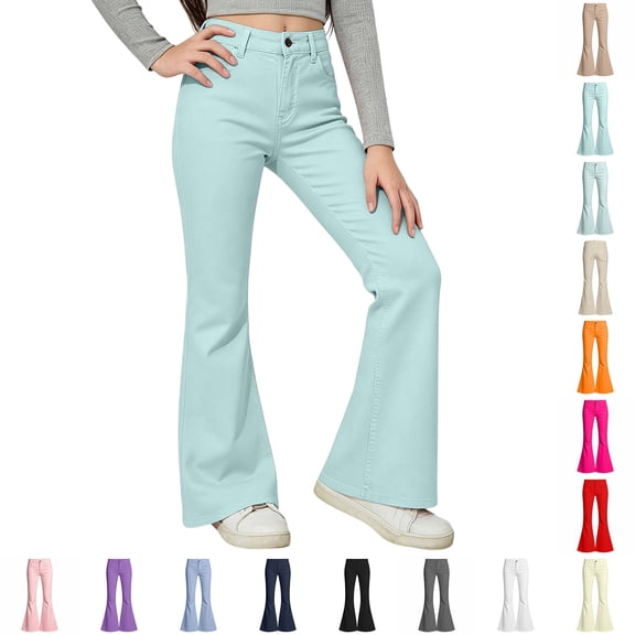 Girls Bell Bottom Pants High Waist Girls School Uniform Pants Wide Leg Casual Pants School Clothes Blue School Pants Size 5-16 Years