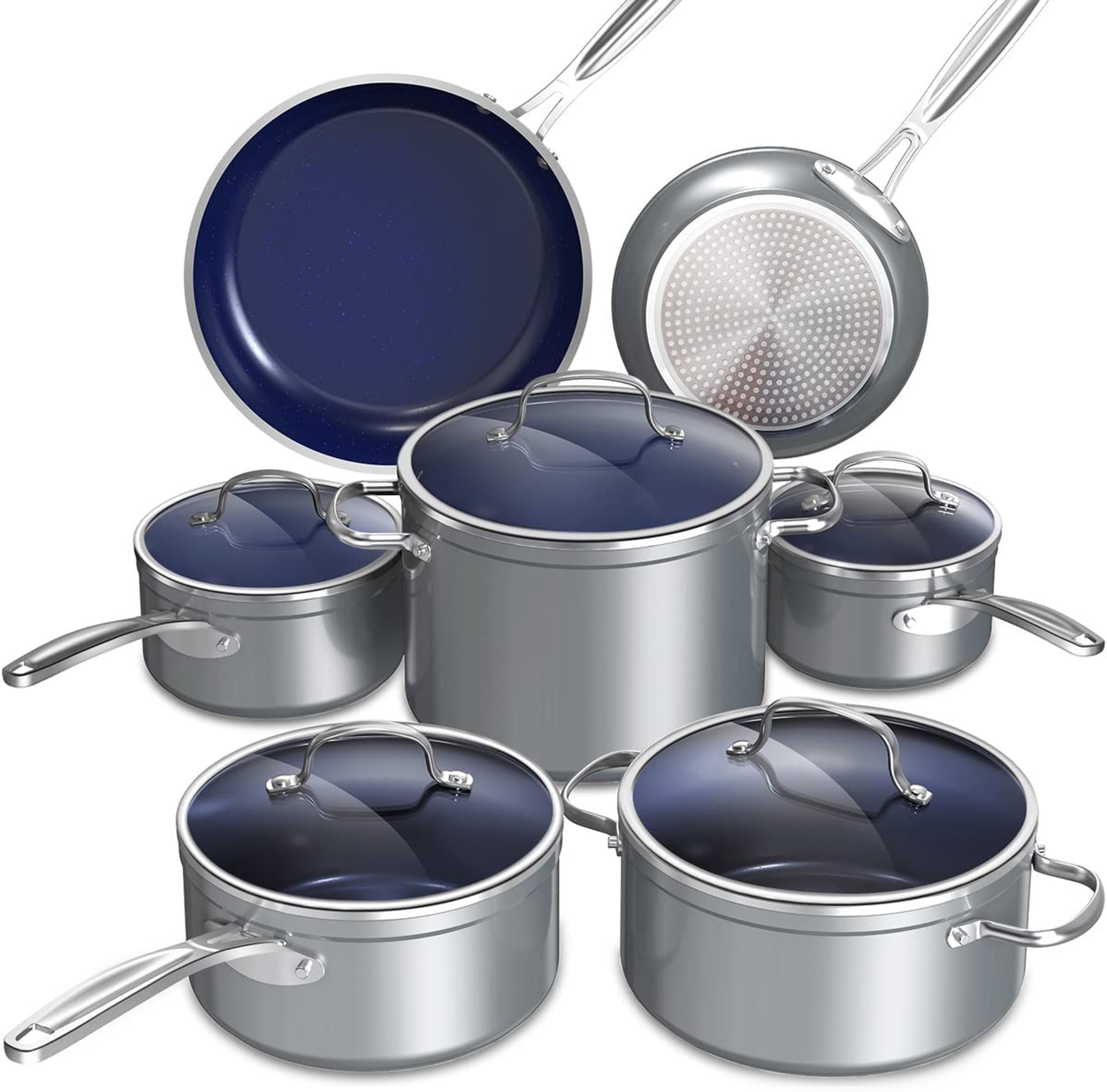 10-Piece Healthy Ceramic Titanium-Infused Induction Cookware Set with Pots,  Pans, Steamer, Spoon, and Turner, Nonstick Pots and Pans Set for Kitchen,  Light Blue