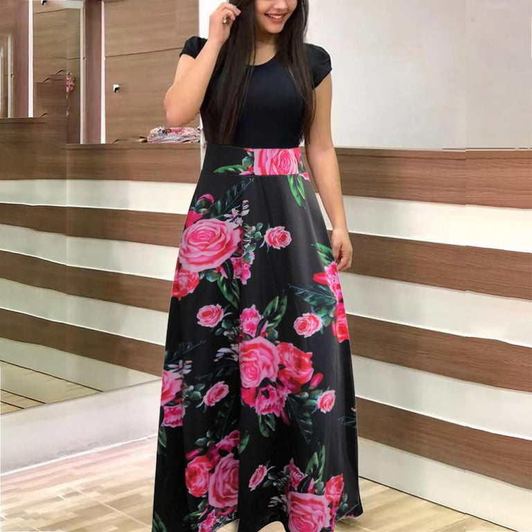 Summer Dress Saving! Women's Casual Plus Size Short Sleeve Floral Boho  Printing Long Dress Leisure Dress White S