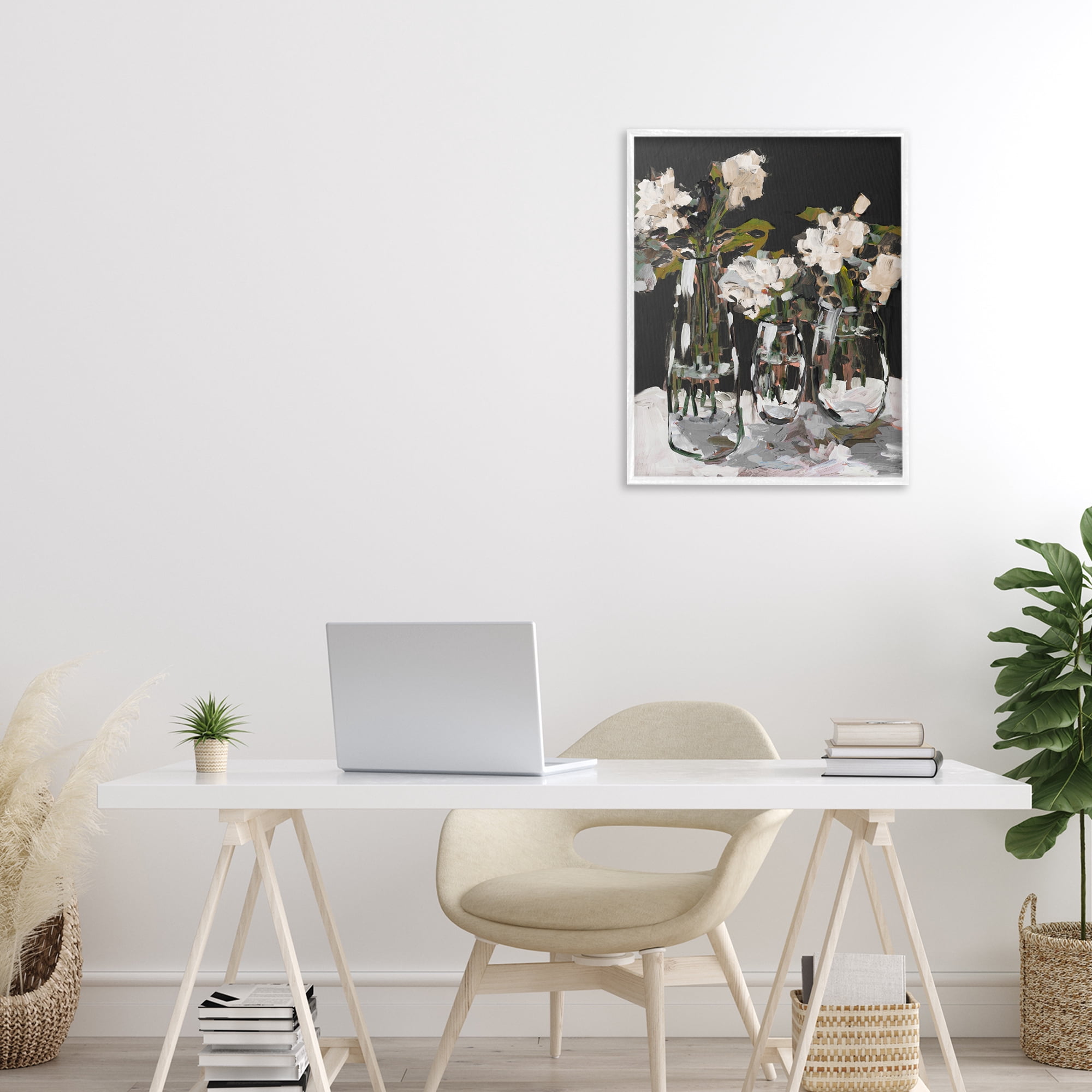 Stupell Industries Three Flower Vases on Black White Framed Giclee Art, design by Jane Slivka