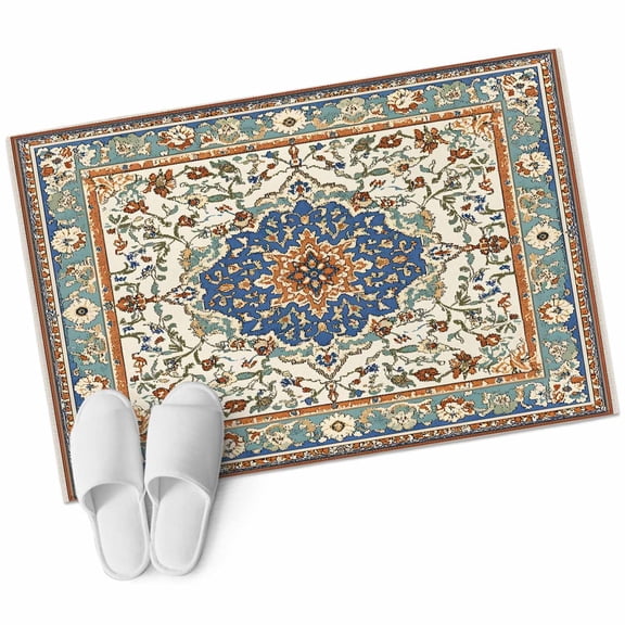 Ethnic Rustic Large Area Rugs for Bedroom Living Room, Non Slip Carpet Bedside Rug, Boho Southwestern Antique Orange Blue Green Rectangular Floor Cover Kitchen Accent Rug 2'x3' for Dining Room/Office
