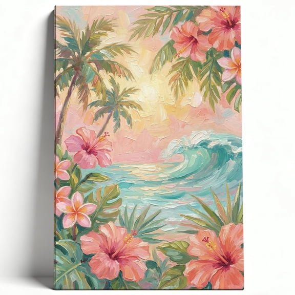 Tropical Pastel Beach Canvas Wall Art Impasto Wave Poster Hibiscus Flowers Landscape Painting Living Room Bedroom Decor Print Ready to Hang 8*12