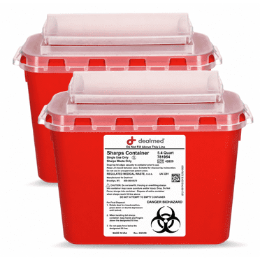 Dealmed Sharps Container, 5.4 Quart Rotor Lid, Red (Pack of 2)