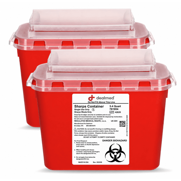Dealmed Sharps Container, 5.4 Quart Rotor Lid, Red (Pack of 2)