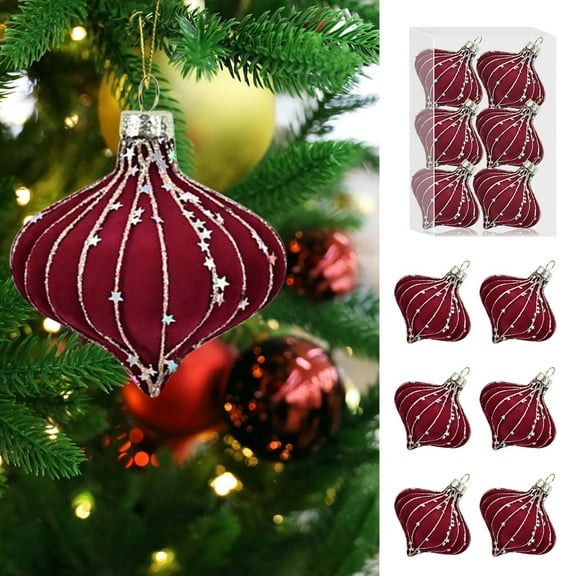 KOYPTL 6 pcs-Red Velvet Christmas Irregular Ball Hanging Ornaments Set for Christmas Tree Porch Lawn Yard,Shatterproof Flocked Gitter Holiday Pendants for Festive Wedding Party Xmas Decor-3.15 Inch