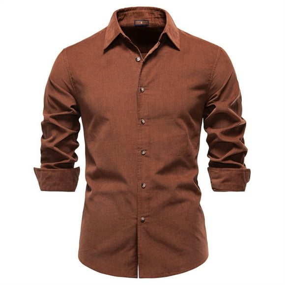 Fankiway Men's Casual Outwear Coat Men's Solid Color Long Sleeved Lapel Button Cardigan Corduroy Shirt Jacket Brown