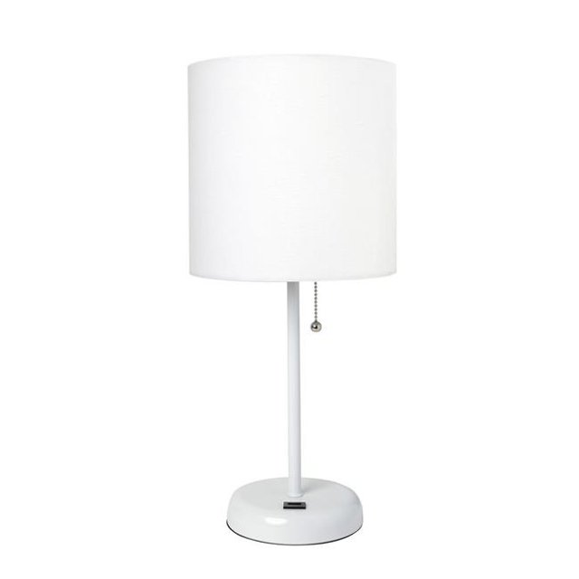 White Stick Table Lamp with USB Charging Port & Fabric Shade, White