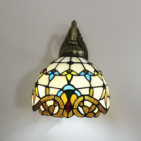 

HiKaRiGuMi Beige Tiffany Style Stained Glass Wall Sconce Bedside Light Dome Wall Lamp Decor E27