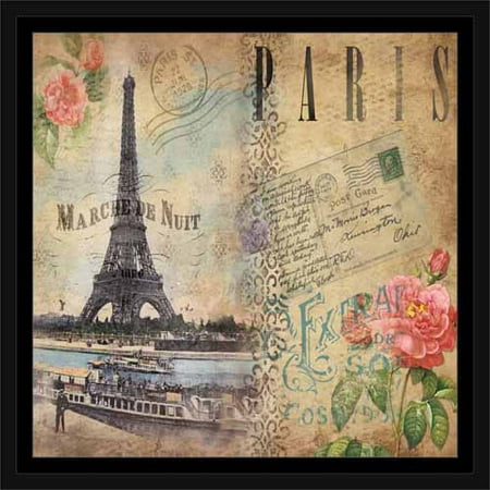 Brown Postcard - Antique Paris Eiffel Tower Rose Flower Post Card Tan & Brown, Framed Canvas Art by Pied Piper Creative