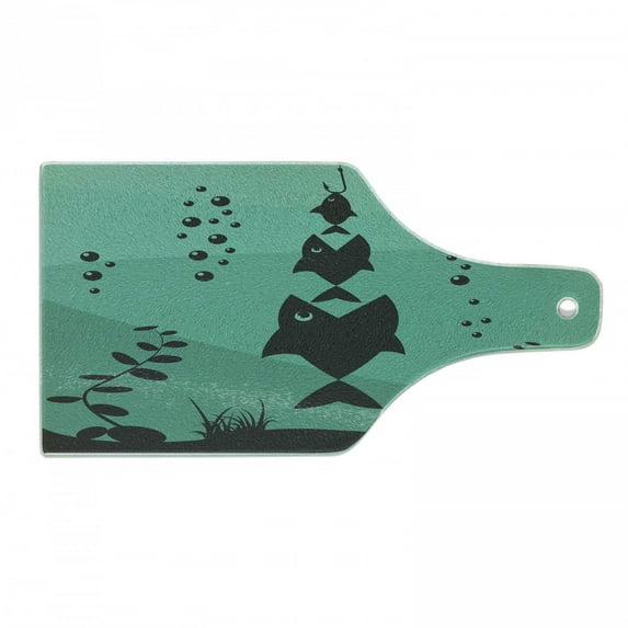 Fishing Cutting Board, Big Fish Eats Little Small in Bubbles Underwater Ocean Symbolic Food Theme, Decorative Tempered Glass Cutting and Serving Board, Wine Bottle Shape, Teal Grey, by Ambesonne