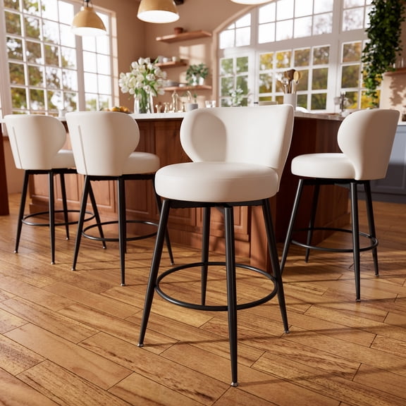 iooHug PU Leather Counter Height Bar Stools Set of 4, 26" Swivel Bar Chairs with Backrest, Metal Frame & Soft Cushion for Kitchen Island, White