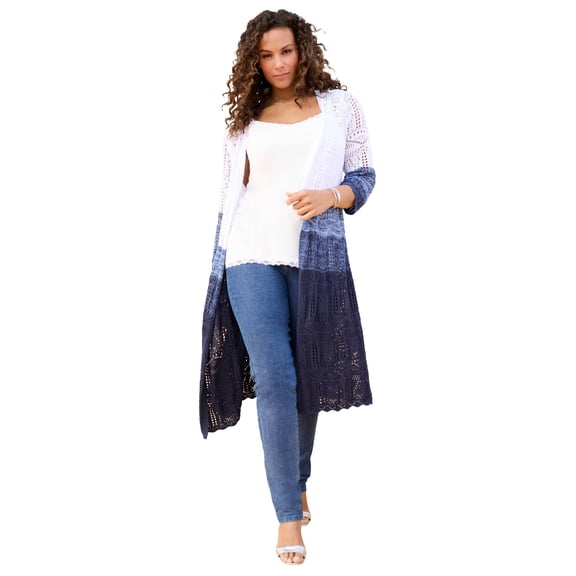 Roaman's Women's Plus Size Knee-Length Pointelle Cardigan