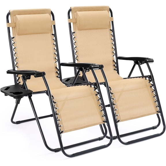 Set of 2 Zero Cravity Lounge Chairs,Outdoor Patio Folding Recliners for Pool Beach with Pillow and Cup Holder