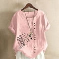 thumbnail image 2 of T-shirts en Lin à Col Rond Oversize pour Femmes, Manches Courtes, T-Shirts en Coton, Imprimé Floral, à Boutons, Blouses Tendance, 2 of 7