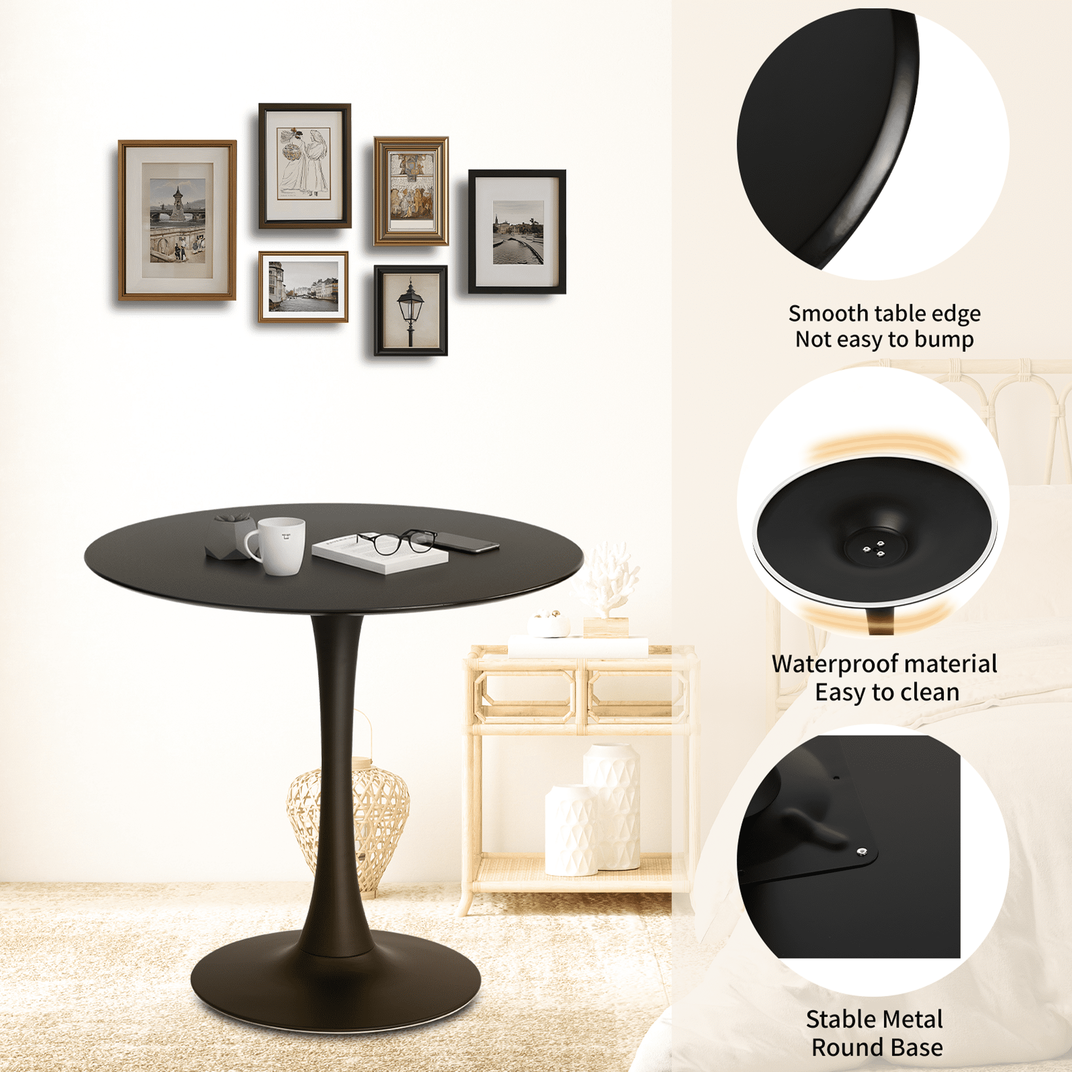 32" Round Dining Table/Tulip Table, Mid Century Modern Wood Dining Table, Black