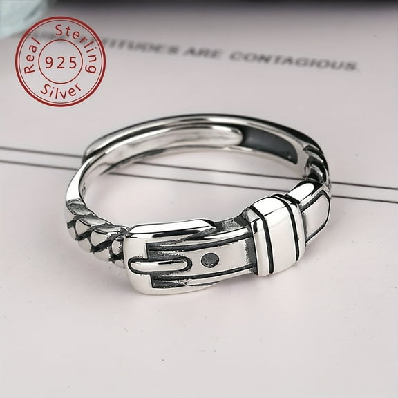 1pc S925 Sterling Silver Belt Buckle Shape Index Finger Ring - Trendy Cuff Ring for Ladies with Street Style, Daily Travel Essential, 2.6g Lightweight, 0.09oz, Accessories,【silvery】