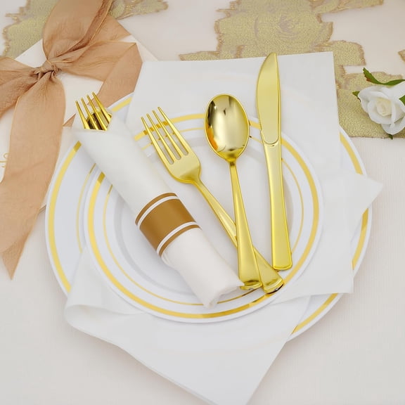 100 Pack Pre Rolled Gold Hard Plastic Silverware Set,Wrapped Disposable Cutlery Set for Wedding Birthday Party with 100 Forks,Spoons,Knives,Napkins,Heavy Duty Utensils Flatware Set