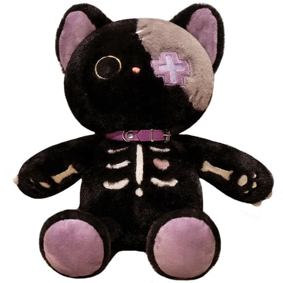 Halloween Skeleton Cat Plush Toy,Creepy Goth Black Kitten Stuffed Crazy Kitty Dolls 15Inch