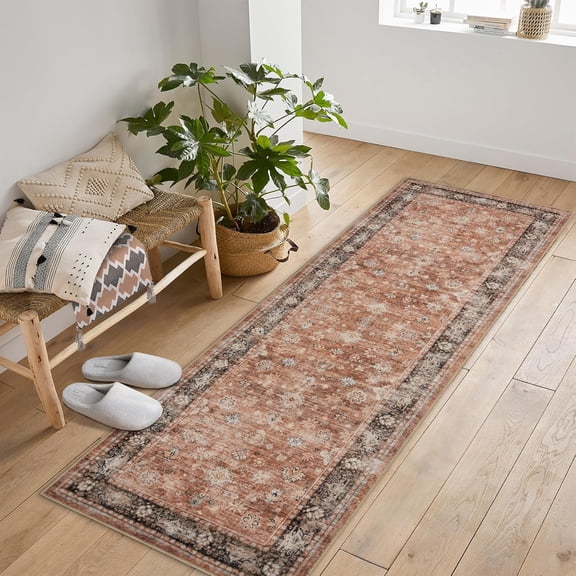 Vintage Washable Area Rug for Bedroom, Distressed Non-Slip Non-Shedding Floral Soft Throw Rugs for Living Room, Dining, Foyer 2'x6' (Brown)