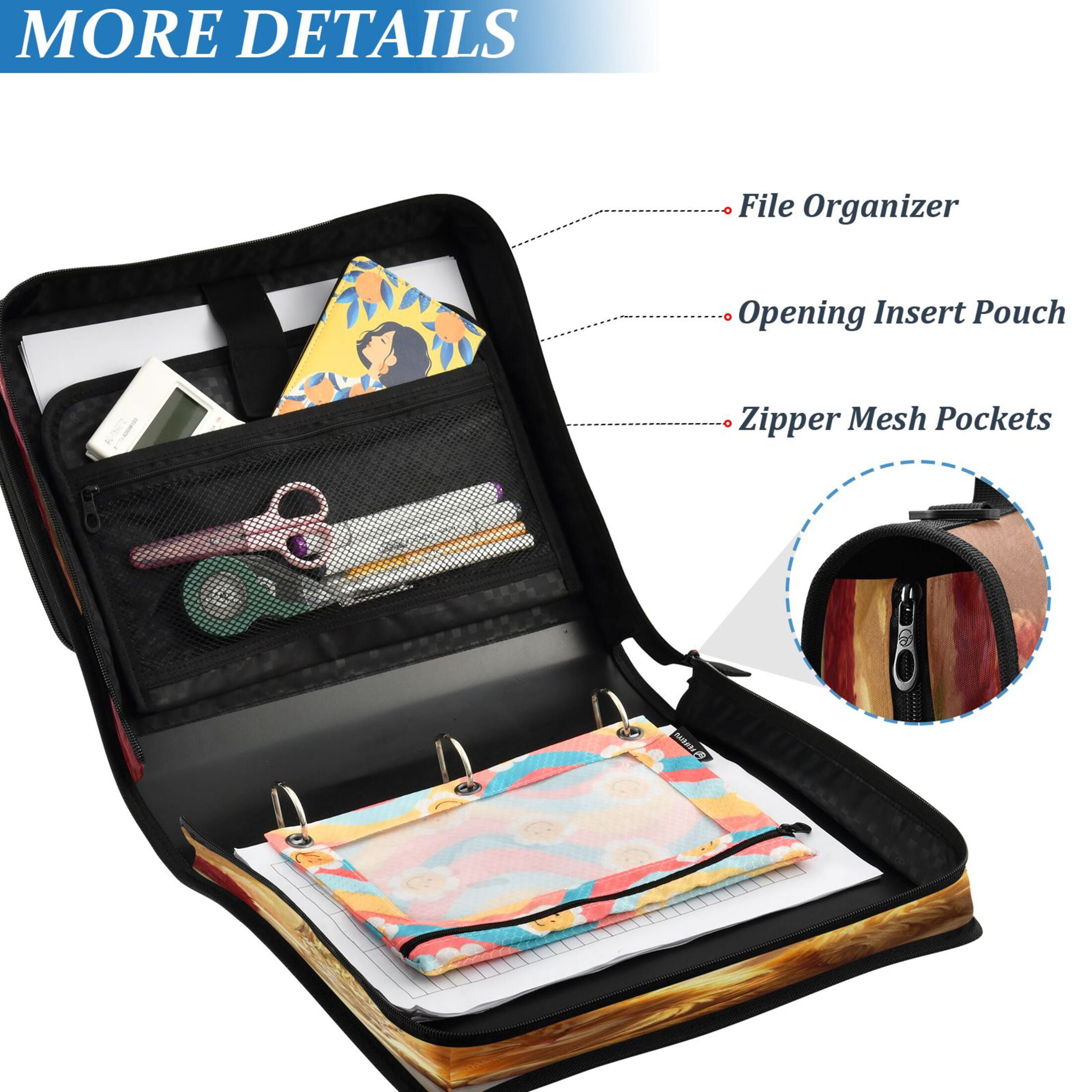 YAZAOO Zipper Binder trapper keeper Documents Organized Design Sleeping Cat Flowers Sunlight Printed
