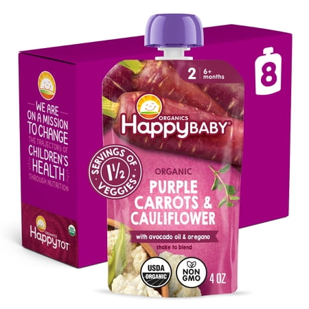 Happy Baby Organics Stage 2 Organic Purple Carrots & Cauliflower with Avocado Oil + Oregano Baby Food Pouch, 4 oz. (8 pack)