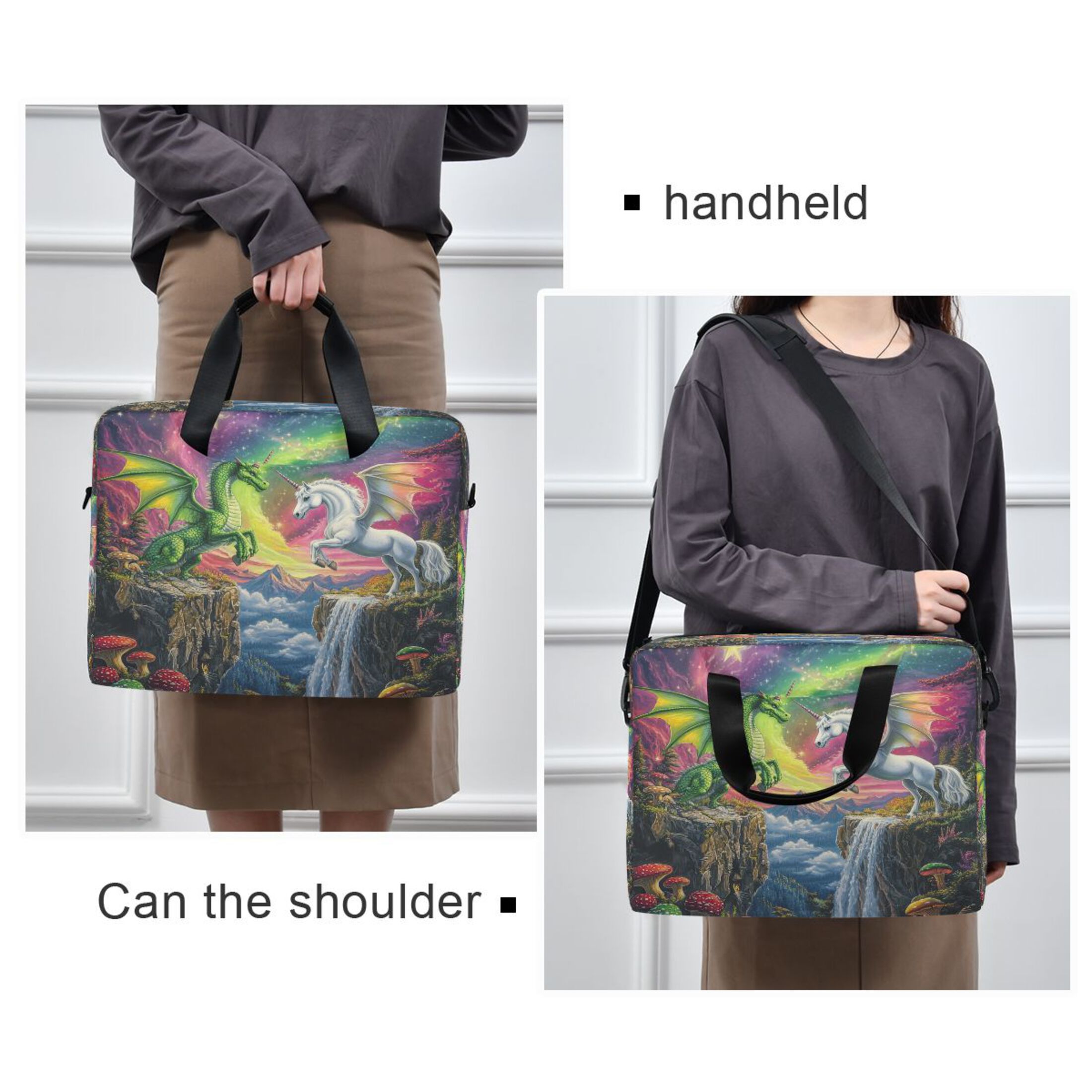 16" Laptop Tote Bag Laptop Sleeve Case Computer Briefcase for Work & Travel Green Dragon and White Unicorn