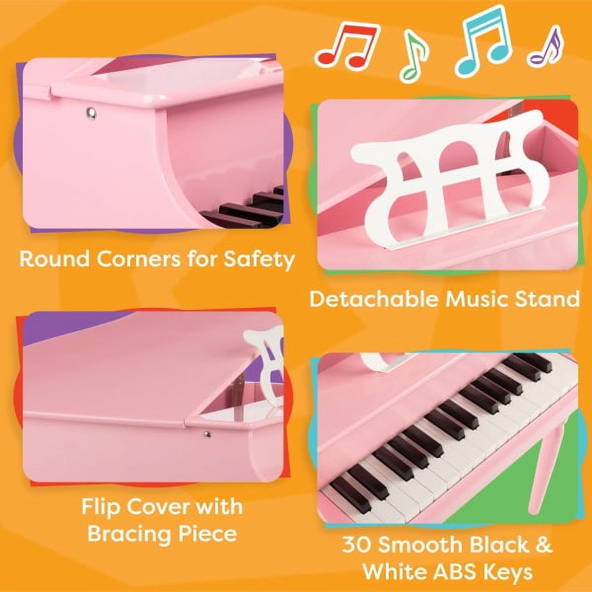 Kids Piano - 30 Key Mini Grand Piano for Beginners with Stand, Bench and Note Stickers